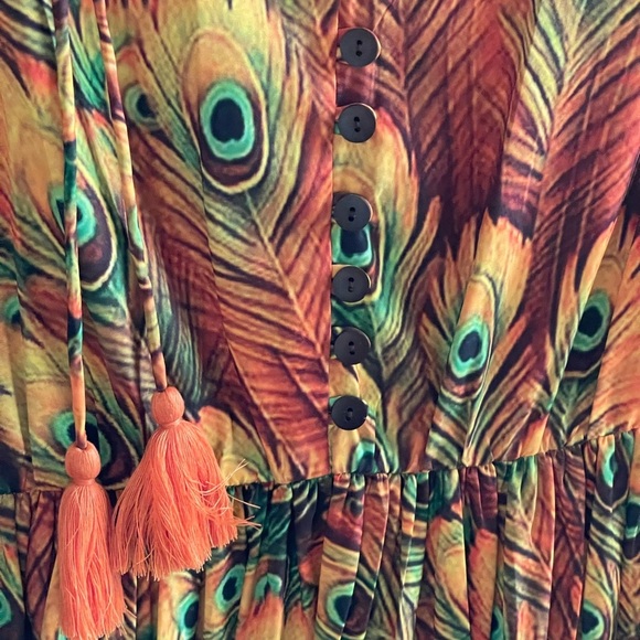 NWT Recente Sample Peacock Feather Print Boho Resort Dress with Tassels Small - Picture 6 of 7